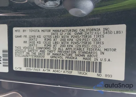2007 Toyota Tacoma Base V6 from USA, damaged, VIN 5TELU42N77Z366839